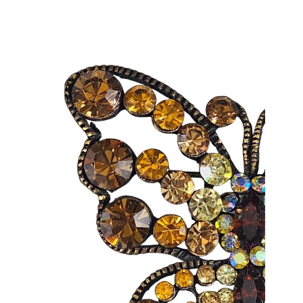 Vintage Butterfly Brooch Amber Yellow Rhinestone Gold Tone Statement Pin
